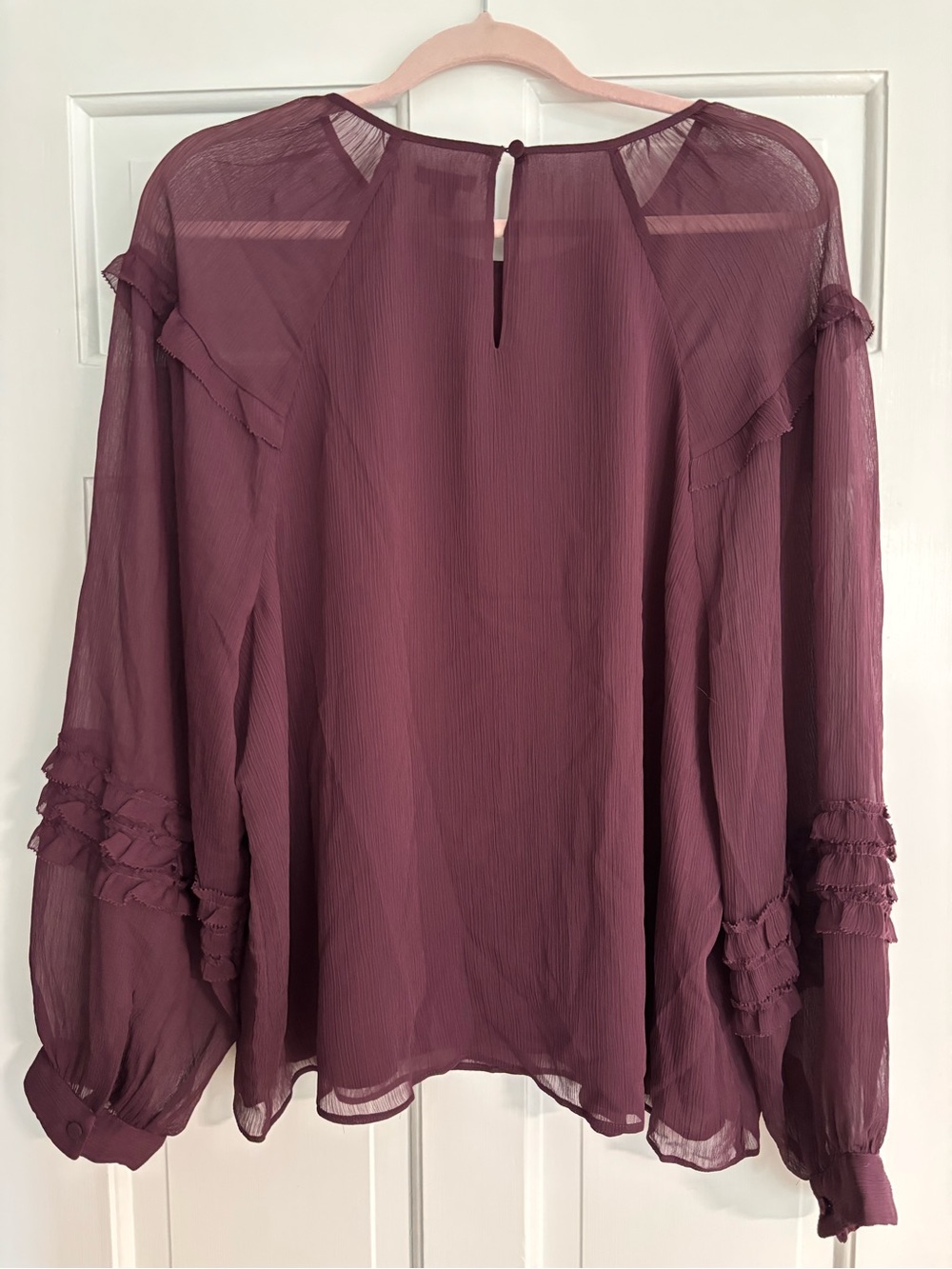 Ann Taylor Sheer Ruffle Detail Long-Sleeve Blouse - Plum - Picture 2 of 3